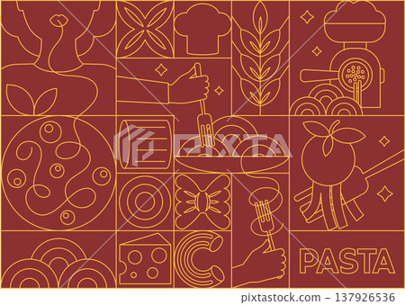 Seamless Italian pasta pattern with spaghetti in geometric line art style, modern abstract kitchen background Seamless Italian pasta pattern with spaghetti in geometric line art style, modern abstract kitchen background 137926536