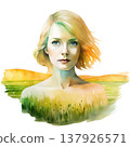 Double exposure portrait of a girl with fields and sunset in background showcasing nature and self-reflection 137926571