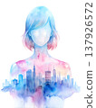 Double exposure of a girl revealing a city skyline with soft colors in a creative artwork 137926572