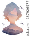 Double exposure of a girl with clouds and birds in the background during sunset 137926577