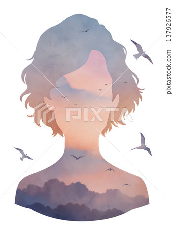Double exposure of a girl with clouds and birds in the background during sunset 137926577