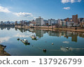 A riverside scene in Hiroshima City: Boats floating on the Ota River. A riverside scene in Hiroshima City: Boats floating on the Ota River. 137926799