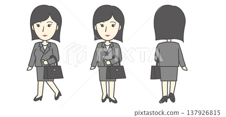 A set of three vector images showing a businesswoman in a gray suit walking and standing with a bag. A set of three vector images showing a businesswoman in a gray suit walking and standing with a bag. 137926815