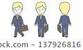 A set of three vector images showing a blonde foreign businessman walking and standing with a bag. 137926816