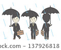 A set of three images showing middle-aged and senior male office workers commuting to work in the rain, walking with umbrellas. 137926818