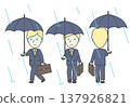 A set of poses: front, back, and diagonal, showing a blonde foreign businessman walking in the rain with an umbrella. 137926821