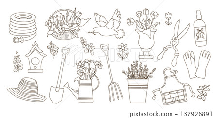 Gardening Line Art Set. Tools Plants Accessories Gardening Line Art Set. Tools Plants Accessories 137926891