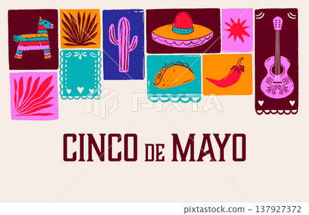 Cinco de Mayo Mexican holiday celebration background with hand-drawn decorative elements, symbols Cinco de Mayo Mexican holiday celebration background with hand-drawn decorative elements, symbols 137927372