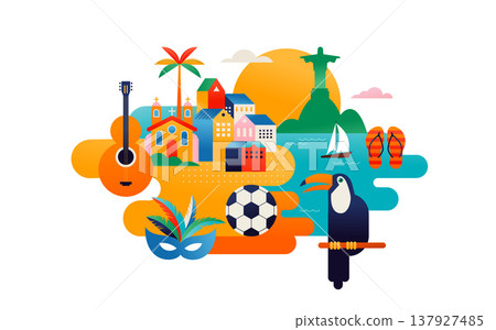 Viva Brazil colorful background. Brazilian cultural symbols and icons, including carnival mask Viva Brazil colorful background. Brazilian cultural symbols and icons, including carnival mask 137927485