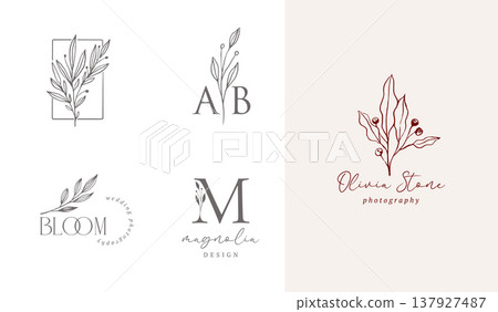 Minimalist vintage botanical logo set with initials monogram and floral line art elements Minimalist vintage botanical logo set with initials monogram and floral line art elements 137927487
