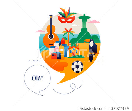Viva Brazil colorful background. Brazilian cultural symbols and icons, including carnival mask Viva Brazil colorful background. Brazilian cultural symbols and icons, including carnival mask 137927489