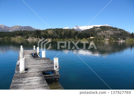 Beautiful panoramic view of the pier on the Nahuel Huapi lake, in Bariloche. 137927769