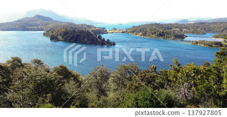 Nahuel Huapi lake, surrounded by green vegetation,in a southern Argentine landscape. Nahuel Huapi lake, surrounded by green vegetation,in a southern Argentine landscape. 137927805