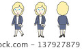 A full-body illustration of a blonde businesswoman in a blue suit. Includes three views: front, side, and back. 137927879