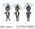 A set of 9 poses featuring a Black female businesswoman in a gray suit: commuting, in the rain, and using her smartphone. 137927880
