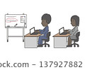 A set of a Black business person working at a desk in an office with a whiteboard. 137927882