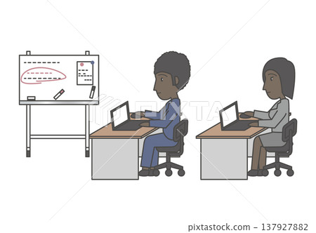 一組照片,一位黑人商務人士正在辦公室的辦公桌前工作,辦公桌旁有一塊白板。 一組照片,一位黑人商務人士正在辦公室的辦公桌前工作,辦公桌旁有一塊白板。 137927882