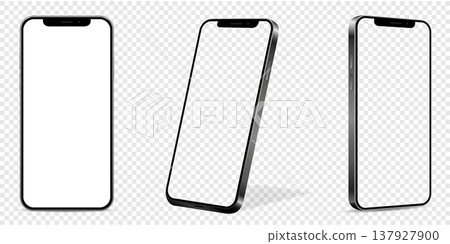 Smartphone mockup with blank empty screen. Front and side view with white and empty screen on transparent background. Smartphone mockup with blank empty screen. Front and side view with white and empty screen on transparent background. 137927900