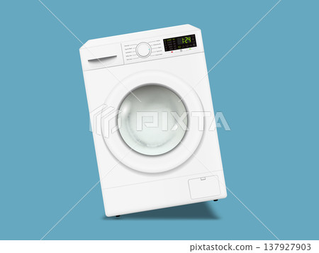 Washing machine is falling during the high-speed wash cycle isolated on blue background 137927903