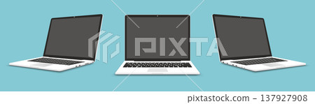 Laptop flat vector illustration. Perspective and front view with blank screen. Laptop flat vector illustration. Perspective and front view with blank screen. 137927908