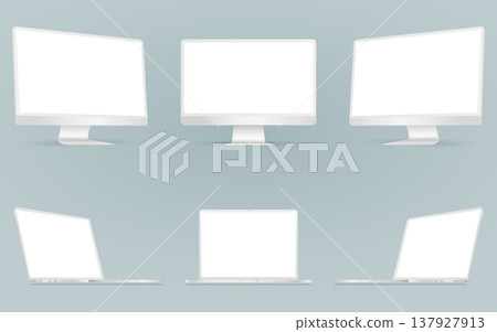 Clean white devices mockup set with blank screen. Computer display and laptop on three sides with white screen. Clean white devices mockup set with blank screen. Computer display and laptop on three sides with white screen. 137927913