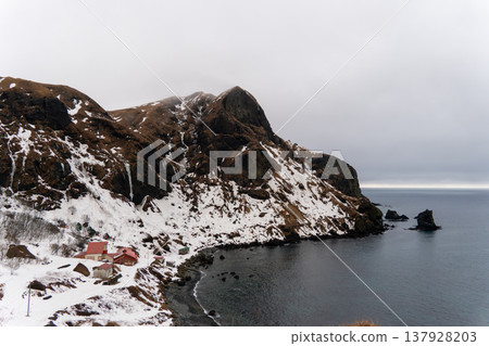 冬季從禮文島桃岩展望台眺望青年旅館和白雪皚皚的貓岩岩層。 137928203