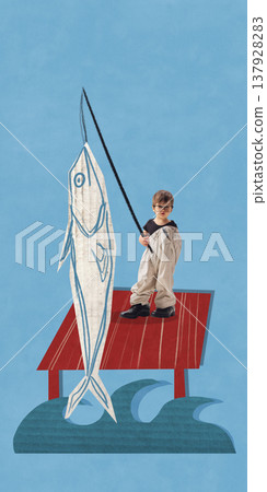 Little boy holding fishing rod with large fish concept of hobby and outdoor activity. Little boy holding fishing rod with large fish concept of hobby and outdoor activity. 137928283