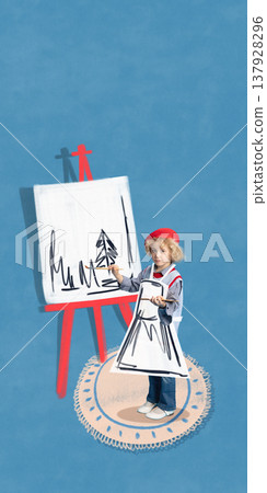 Child painting on canvas standing near easel with simple drawing in studio. Child painting on canvas standing near easel with simple drawing in studio. 137928296