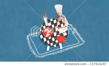 Child girl playing chef cooking food on table with illustrated kitchen elements. Child girl playing chef cooking food on table with illustrated kitchen elements. 137928297
