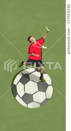 Child football player standing on oversized ball holding whistle as referee collage. 137928299