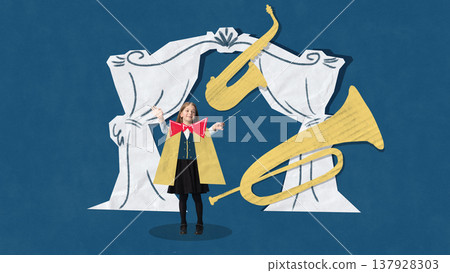 Child conducting orchestra with musical instruments and stage curtain in childhood dreams composition. 137928303