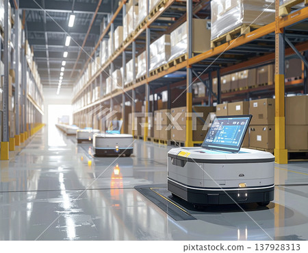 Next-generation smart logistics warehouse with automated guided vehicles (AGVs) in operation. 137928313