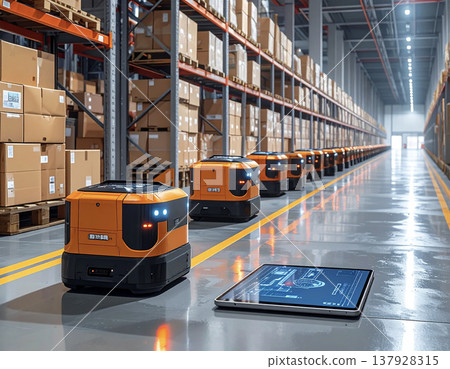 Next-generation smart logistics warehouse with automated guided vehicles (AGVs) in operation. 137928315