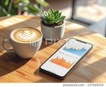 A scene of someone checking their asset management and the progress of the new NISA (Nippon Individual Savings Account) on their smartphone during their cafe break. A scene of someone checking their asset management and the progress of the new NISA (Nippon Individual Savings Account) on their smartphone during their cafe break. 137928318