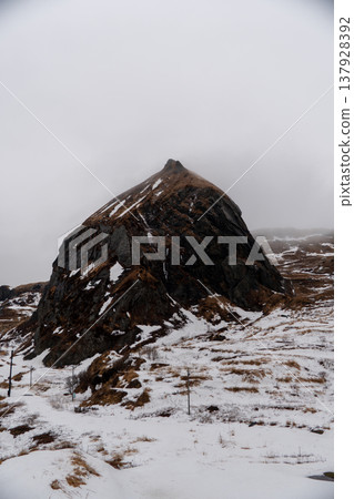 A view of snow-covered Momoiwa Rock from Momoiwa Observatory on Rebun Island in winter. 137928392