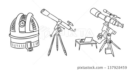 Three types of telescopes are illustrated, featuring a dome observatory, a refractor telescope on a tripod, and a modern telescope with a computer on a table Three types of telescopes are illustrated, featuring a dome observatory, a refractor telescope on a tripod, and a modern telescope with a computer on a table 137928459