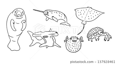 Illustration of various marine animals including a manatee, narwhal, hammerhead shark, stingray, pufferfish, and crab in a simple black and white design 137928461