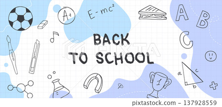Back to School doodle banner with math and science icons on grid paper background Back to School doodle banner with math and science icons on grid paper background 137928559