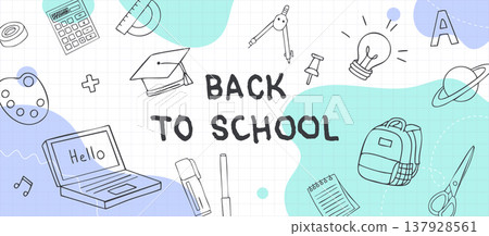 Back to School banner with graduation cap, backpack and creative supplies doodles on pastel grid background Back to School banner with graduation cap, backpack and creative supplies doodles on pastel grid background 137928561