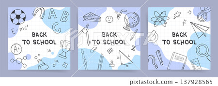 Back to School square banner set with doodle science and school icons on blue grid paper background Back to School square banner set with doodle science and school icons on blue grid paper background 137928565