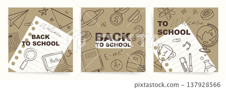 Back to School square banner set with lined paper and doodle school icons on neutral background 137928566