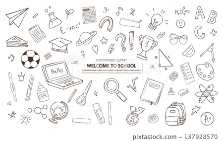 Hand Drawn Welcome to School Clipart Set with Education and Science Doodles for Backgrounds and Decoration. 137928570