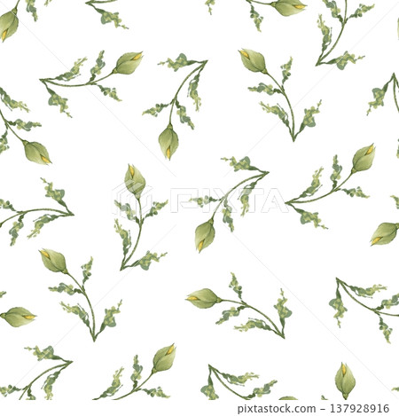 Seamless pattern with green botanical flower buds and leaves on white background in original hand drawn illustration. Ideal for textile prints, wallpaper, delicate packaging and natural decor. Seamless pattern with green botanical flower buds and leaves on white background in original hand drawn illustration. Ideal for textile prints, wallpaper, delicate packaging and natural decor. 137928916