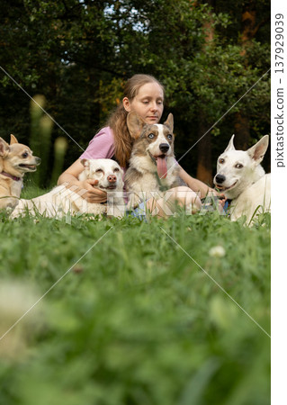 Professional dog walker young woman with pack of dogs is sitting on grass and enjoying walk animals. Professional dog walker young woman with pack of dogs is sitting on grass and enjoying walk animals. 137929039