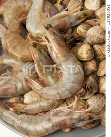 Raw fresh shrimp and seashells close up 137929051