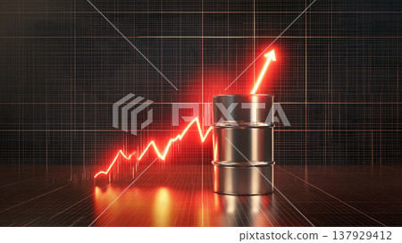 A 3D illustration of the oil market crisis against the backdrop of a world map depicting soaring crude oil prices and an upward chart. 137929412