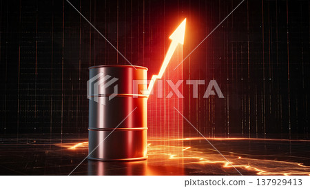 一幅以世界地圖為背景的3D插圖，描繪了石油市場危機，地圖上原油價格飆升，圖表呈上升趨勢。 137929413