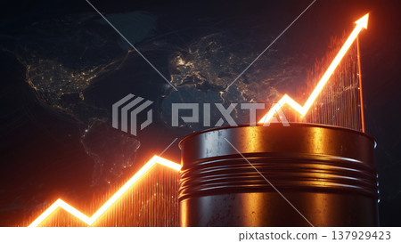 壯觀的石油市場危機之牆，由優質原油桶和向上傾斜的金融箭頭表示。 137929423