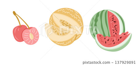 Illustration of three fruits, cherries, cantaloupe slices, and watermelon with pink flesh, arranged on a white background for a fresh and vibrant visual appeal Illustration of three fruits, cherries, cantaloupe slices, and watermelon with pink flesh, arranged on a white background for a fresh and vibrant visual appeal 137929891