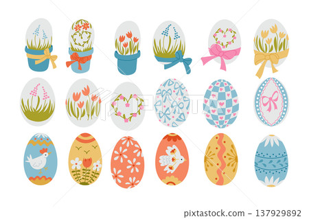 Colorful illustrated Easter eggs with floral designs, ribbons, and patterns arranged in a grid format, showcasing various styles and colors for festive decoration Colorful illustrated Easter eggs with floral designs, ribbons, and patterns arranged in a grid format, showcasing various styles and colors for festive decoration 137929892